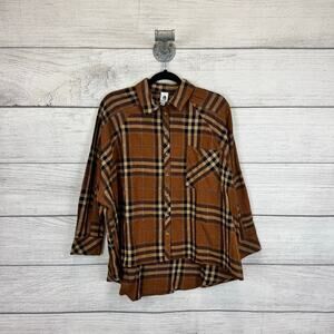 Flawless Plus Size Tan Plaid Button Up Flannel Top Size Medium